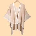 Minimalist beige and camel knit shawl cape with ivory trim for autumn and winter style - 110x140cm / Beige