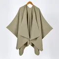 Detail of light khaki knit shawl featuring contrast blanket stitching and premium texture - Triangle Stitch / Light Khaki