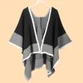 Knit shawl cloak in black and grey colorblock with warm loose fit open front style - 110x140cm / Black