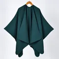 Solid color dark green cashmere-style knit poncho shawl with open front and split hem - Triangle Stitch / Dark Green