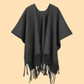 Classic black women's winter shawl with thick cashmere-like fabric and elegant tassels - Black