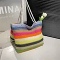 Large straw beach tote featuring vibrant multi-color rainbow stripes and cotton rope handles - Style 4 (Vibrant Contrast Stripes)