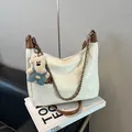 Retro cream hobo tote bag with brown leather trim and cute teddy bear charm detail - Large / Brown