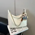 Creamy white hobo tote bag with silver chain strap and plush bear pendant - Large / White