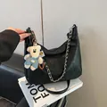 Black vintage leather hobo bag with silver chain and cute teddy bear charm on book - Large / Black