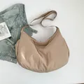 Minimalist beige moon-shaped tote bag in soft nylon with adjustable wide shoulder strap - Khaki
