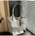 Silver vintage tote bag with metallic texture and cute teddy bear plush charm - Silver