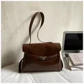Large dark brown vintage leather shoulder bag with silver clasp for office commuting - Brown