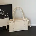 Creamy white underarm tote bag with silver rivets and double straps for daily commute - Off White Without Pendant