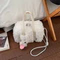 Borsa a tracolla in peluche bianco tipo lana di agnello con ciondolo a cucciolo - Con Ciondolo / Bianco Sporco
