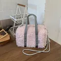 Pink plush sherpa tote bag with grey straps and glitter shoulder cord in a chic style - No Pendant / Pink