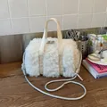 Plush white fleece crossbody pillow bag with silver metallic strap and top handle - No Pendant / Off White