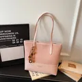 Pink canvas and leather patchwork tote bag with vintage beads and printed logo - Pink With Pendant