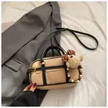 Beige and black retro boston crossbody bag with a plush bear charm and beaded accent - With Pendant / Khaki