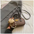 Vintage brown leather bowling bag with cute plush bear pendant and pearl chain detail - Coffee With Pendant