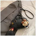 Classic black leather mini square bag with contrast stitching and teddy bear charm - With Pendant / Black