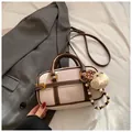Pink and brown lychee grain Boston crossbody bag with a cute plush bear pendant charm - With Pendant / Pink