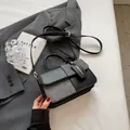Minimalist rectangular crossbody bag featuring grey wool and black leather color-block - Black Large / Large