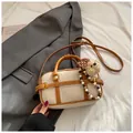 Vintage Boston square bag in cream and brown patchwork with bear and pearl charm - With Pendant / Beige