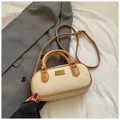 Retro cream white leather bowling bag with brown straps and golden metal logo plate - Rice White (No Pendant)