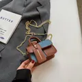Brown leather and blue denim patchwork mini crossbody bag with gold chain strap - S / Brown