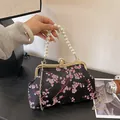 Retro Chinese style silk handbag with pink peach blossom embroidery and pearl handle - Black