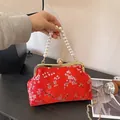 Red satin handbag with white plum blossom embroidery and pearl handle for cheongsam style - Red