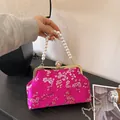 Satin rose red evening bag with cherry blossom embroidery and pearl handle - Rose Red
