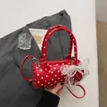 Red polka dot cylinder handbag with lace bow detail and pearl chain accessory - With Pendant / Red