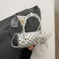 Polka dot cylindrical handbag in white with pearl lace bow and adjustable shoulder strap - With Pendant / Off White