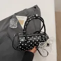 Polka dot cylinder handbag in black leather with pearl lace bow and shoulder strap - With Pendant / Black