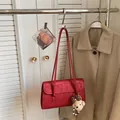 Minimalist red shoulder bag in leather texture with a cute plush bear charm - Wine Red With Bear Pendant