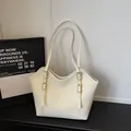 Cream white vintage leather tote bag with gold buckle accents and spacious shoulder straps - White Without Pendant