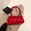 Retro red faux leather boston bag with large bows and dual pockets for daily styling - Red