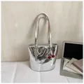 Chic silver metallic pleated leather tote bag with red cherry pendant and slim straps - Silver with Charm