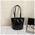 Elegant black patent leather shoulder tote bag with adjustable silver buckle straps - Black without Pendant