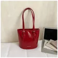 Glossy red faux leather tote bag with crinkled texture and silver buckle straps - Red (No Pendant)