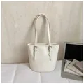 Elegant cream-white tote bag with thin dual shoulder straps and silver metal buckles - White Without Pendant