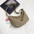 Green and brown checkered canvas tote bag with a cute plush bear charm on white background - Matcha Green