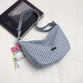 Blue and white gingham large canvas tote bag with cute plush rabbit keychain - Blue