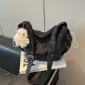 Black canvas tote bag featuring white star pattern and cute plush sheep charm - Black With Pendant