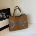 Sac fourre-tout en toile marron avec texte Hello bleu et motif smiley pour usage quotidien - Marron