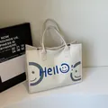 Sac fourre-tout minimaliste en toile beige avec texte Hello bleu et smiley - Blanc Cassé