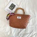 Retro woven straw tote bag with bamboo handles and colorful decorative charms - L / With Pendant / Brown