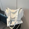 White canvas tote bag with grey star print and adjustable strap in minimalist style - White Without Pendant
