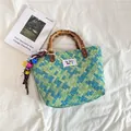 Handmade woven tote bag with bamboo handle in blue and green plaid for beach outings - L / With Pendant / Light Green