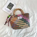 Handmade woven tote bag with colorful geometric patterns and natural bamboo handles - L / With Pendant / Multicolor