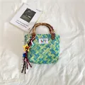 Blue and green woven beach bag with bamboo handle and decorative star charms - S / With Pendant / Light Green