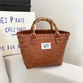 Vintage brown woven tote bag with bamboo handles and fashion bags label detail - L / No Pendant / Brown