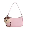 Chic pink baguette shoulder bag with cute teddy bear charm and beaded detail on white background - Single Bag / Pink